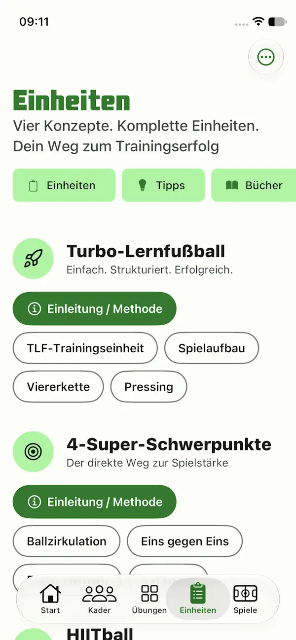Sessions area of the app with the four training methods